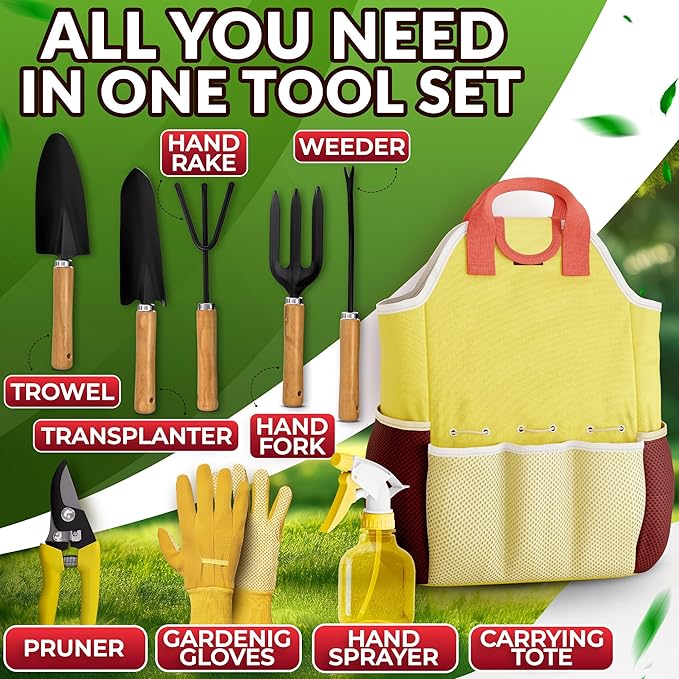 10 Pcs Gardening Tools for Women – All-in-One Garden Tools Set with Functional Tote Bag, Ergonomic Design & Rust-Resistant Steel – Gardening Set for Women for Easy Garden Care & Gifts for Plant Lovers