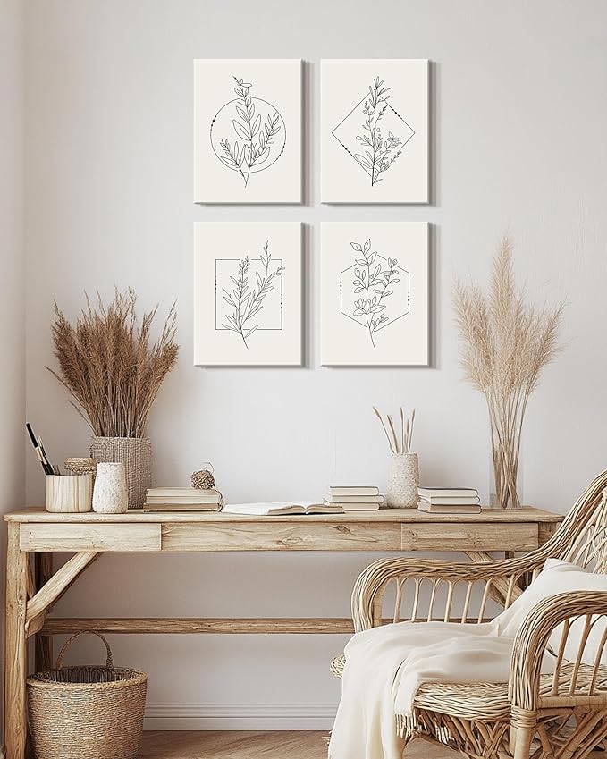 Drsoum Botanical Flower Boho Framed Wall Art Wooded Minimalist Aesthetic Floral Prints Farmhouse Retro Plants Rustic Bathroom Kitchen Home Decor Ready to Hang 12x16inx4pcs (Framed)