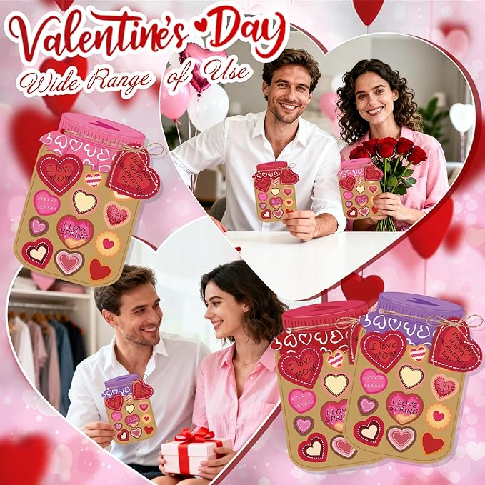 30 Sets Valentines Day Gift Cards Mason Jar Valentine Love Candy Jar Craft Kit with Heart Stickers Make Your Own Paper Greeting Card Decor Exchange Gift for Kids Mom Adults School Classroom Activity