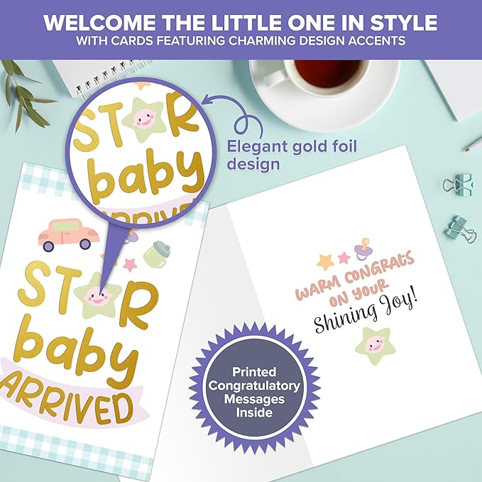 Decorably 24 Pack Gold Foiled 4x6in New Baby Cards Congratulations with Envelopes and Stickers, 8 Adorable Designs Baby Shower Cards Pack with Printed Message Inside