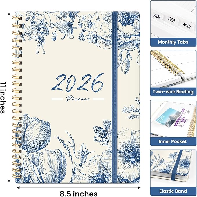 2026 Planner, Weekly and Monthly Calendar Planner for Women, Jan 2026 - Dec 2026, Hardcover Planning Agenda book with Tabs, Spiral Bound, Inner Pocket, Perfect for School Office Supplies, 8.5" x 11" - Blue Elegance
