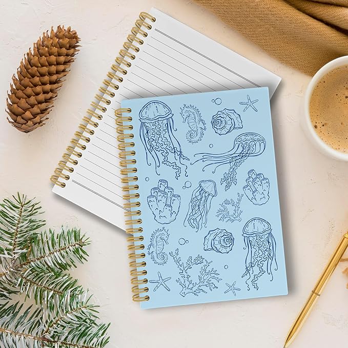 Blue Jellyfish Journal Notebook - Ocean Sea Life Coastal Themed Aesthetic Notebooks College Ruled for Office School Classroom, Gifts for Women Girls Kids, Hardcover Spiral Notebook 5.5"x8.3"