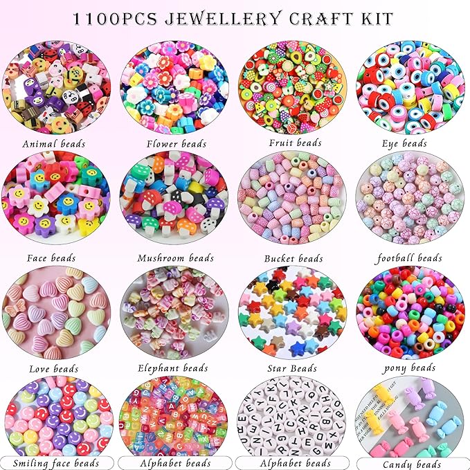 NixHush 1100 Bracelet Making Kit, Includes Pony Beads, Letter Beads, Soccer and Creative Clay Bead, Hair Clip Perfect for Making Bracelets and DIY Handmade Gifts