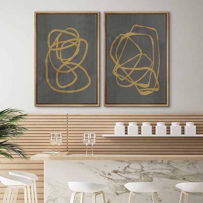 SIGNWIN Framed Canvas Print Wall Art Set Mid-Century Yellow Gray Polygon Collage Abstract Shapes Cozy Neutral Modern Minimalism Decorative Nordic for Living Room, Bedroom, Office - 24"x36"x2 Natural