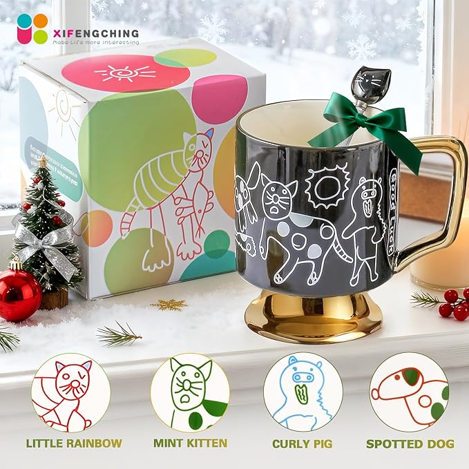 Christmas Mugs Whimsical Animal Ceramic fun Coffee Mug – 14oz Childlike Hand-Drawn Cat, Dog & Bear Design – Cute gothic Coffee Cup Gift for Women, Girls, Kids (Black)