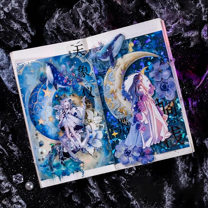 30 Sheets Holographic Fantasy Star Moon Scrapbook Paper - Self Adhesive Shiny Mysterious Starry Night Scrapbook Washi Stickers for Junk Journal Supplies,Planner,Album Craft Supplies