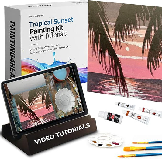 Painting4Real DIY Art Painting Kit for Adults – Learn to Paint Tropical Sunset with Video Tutorials – 9 Pieces Acrylic Paint Set for Adults –Perfect Christmas Crafts & Holiday Gifts for Art Lovers