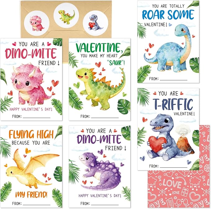 36 Pack Valentines Day Cards for Kids Classroom Dinosaur Valentine's Day Exchange Greeting Cards with Envelopes and Stickers for Kids Classroom School Party Favors 4.72 x 3.54 inch
