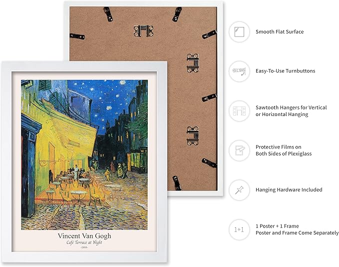 Monem Art Vintage Van Gogh Poster - Retro Cafe Terrace at Night Print - Impressionism Art - Fine Art - Classic Painting Art - Aesthetic Living Room or Bedroom Wall Decor - 8x10 White Framed