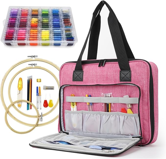 ATTERET Full Range Embroidery and Cross Stitch Starter Kit with Premium Storage Organizer Bag, Includes 99 DMC Coded Cotton Threads, 9 Metallic Floss, 3 Hoops, Needles, Scissors + More (Pink)