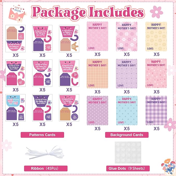 Haooryx Mother's Day Craft Kits for Kids - 45 Sets DIY Tea Cup of Love Greeting Card Making Kits Make Your Own Mother’s Day Party Favor Gift Cards School Art Project Fun Classroom Home Activity Supply