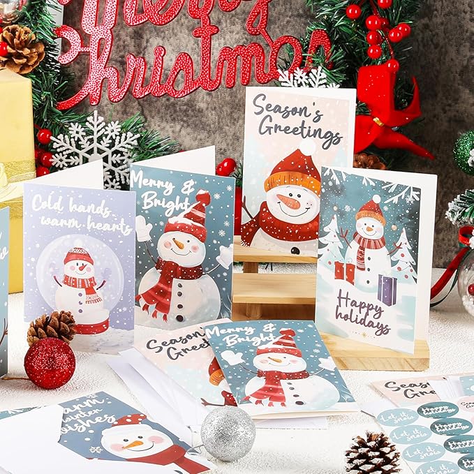 NESCCI 24 PCS Snowman Cards,Holiday Cards With Envelopes and Stickers,4x6 Inches,6 Different Designs of Snowman Greeting Cards,Cute Snowman Greetings, Kids Holiday Card