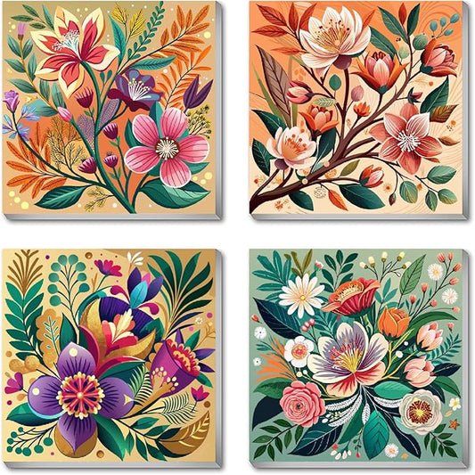 4 Pack Paint by Numbers for Beginner with Frame,Flowers Adult Paint by Number Kits on Canvas, DIY Number Painting for Adults for Decor 8X 8 inch
