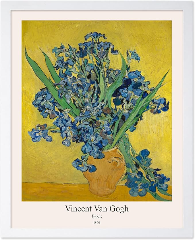 Monem Art Vintage Van Gogh Poster - Retro Irises Print - Flowers in Vase Art - Impressionism Art - Floral Art - Fine Art - Classic Painting Art - Living Room Wall Decor - 16x20 White Framed