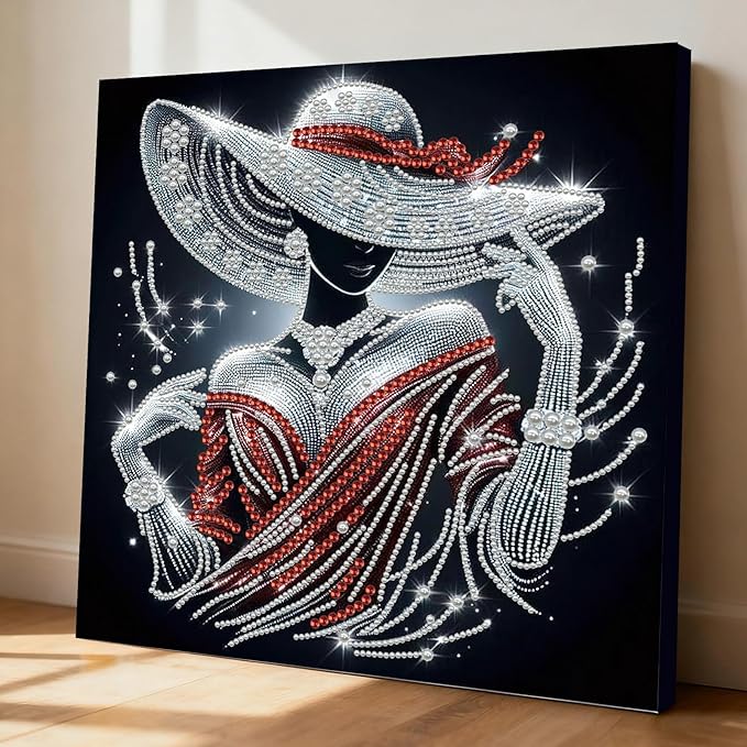 DIY Pearl Painting Kit with Wooden Frame, 3D Plastic Pearl Gemstone Ocean Art Craft for Adults Beginners, Diamond Art Kits for Adults, Home Wall Decor Ready Gift for Women(Red Dress Woman)(30 * 30cm)