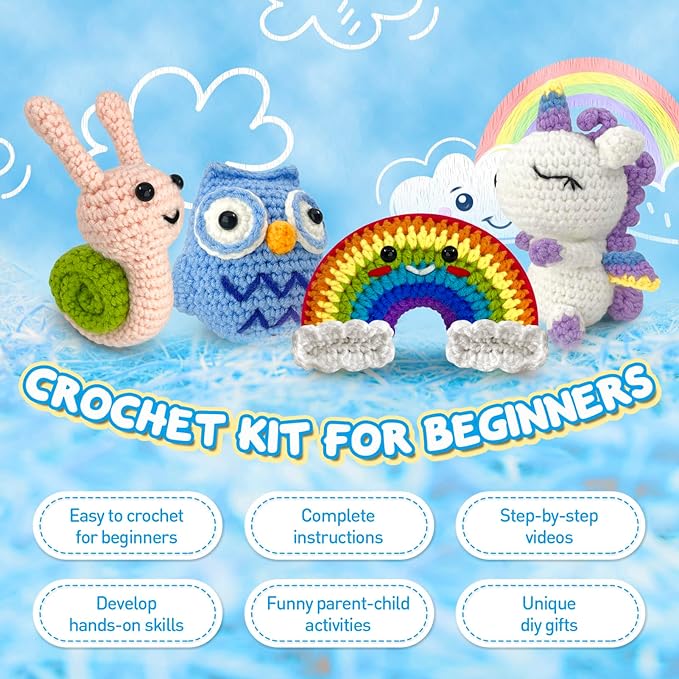 Roomaze Crochet Kit for Beginners,4 Pack Crochet Kits with Step-by-Step Video Tutorials, DIY Crochet Starter Kit for Adults Craft Kits for Adults-Ideal for A Gift (Owl,Unicorn,Snail,Rainbow)