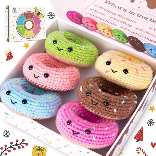 Crochet Kit for Beginners, Beginner Crochet Starter Kit w Step-by-Step Video Tutorials, Learn to Crochet Kits for Adults, DIY Knitting Supplies, 6-Pack Donuts (40%+ Yarn Content)