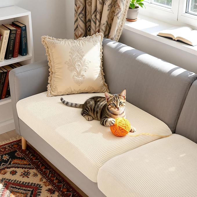 CHUN YI 2 Piece Couch Cushion Covers for Sofa Seat Slipcovers Suitable with Spandex Jacquard Washable Fabric (2 Piece Sofa Cushion Covers, Ivory)