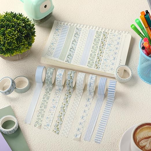 12 Rolls Watercolor Floral Washi Tape Set 15 mm Vintage Flower Decorative Masking Tape for Arts DIY Craft Scrapbook Envelope Party Supplies Gift Wrapping (Dusty Blue,Rose and Hyacinth)