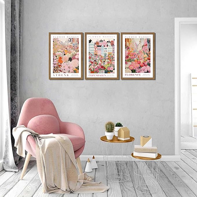 Floral Wall Art Set of 3, Colorful Flower Market Canvas Wall Decor Paintings, Pink Wildflower Botanical Posters Prints Pictures Artwork for Bedroom Living Room 12x16 Inch Wood Framed