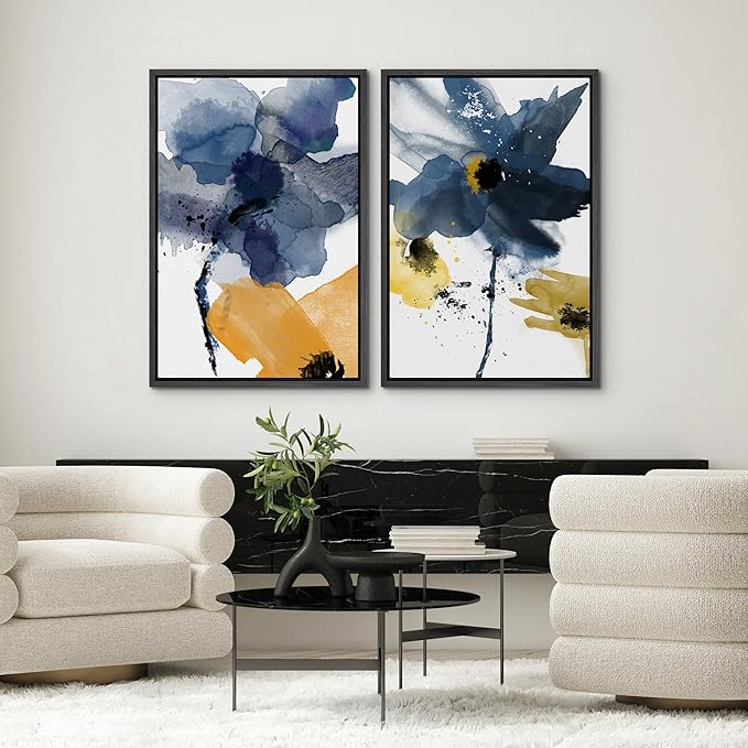 SIGNWIN Framed Wall Art Print Set Watercolor Splash Blue & Yellow Daisies Floral Botanical Illustrations Modern Art Chic Colorful Relax/Calm for Living Room, Bedroom, Office - 24"x36"x2 Black