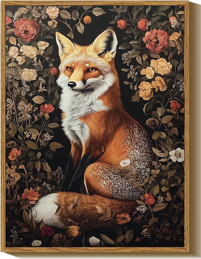 Framed Vintage Wall Art, Boho Canvas Wall Art, Dark Flowers Pictures, Nature Botanical Wall Decor, Fox Animal Paintings Prints, for Living Room Bedroom Home Decor 8x10in
