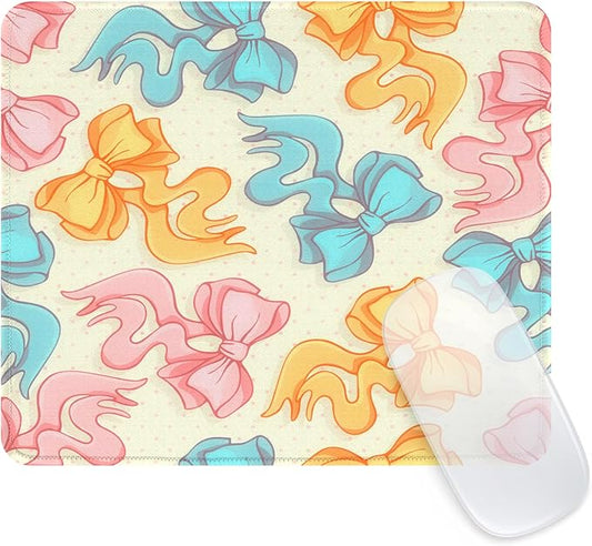 Seorsok Square Aesthetic Oversize Pink Yellow Blue Bows Mouse Mat,Premium Textured Mouse Pads for Office Laptop,Washable Square Mousepads with Extended Stitched Edges Non Slip Rubber Base,Beige