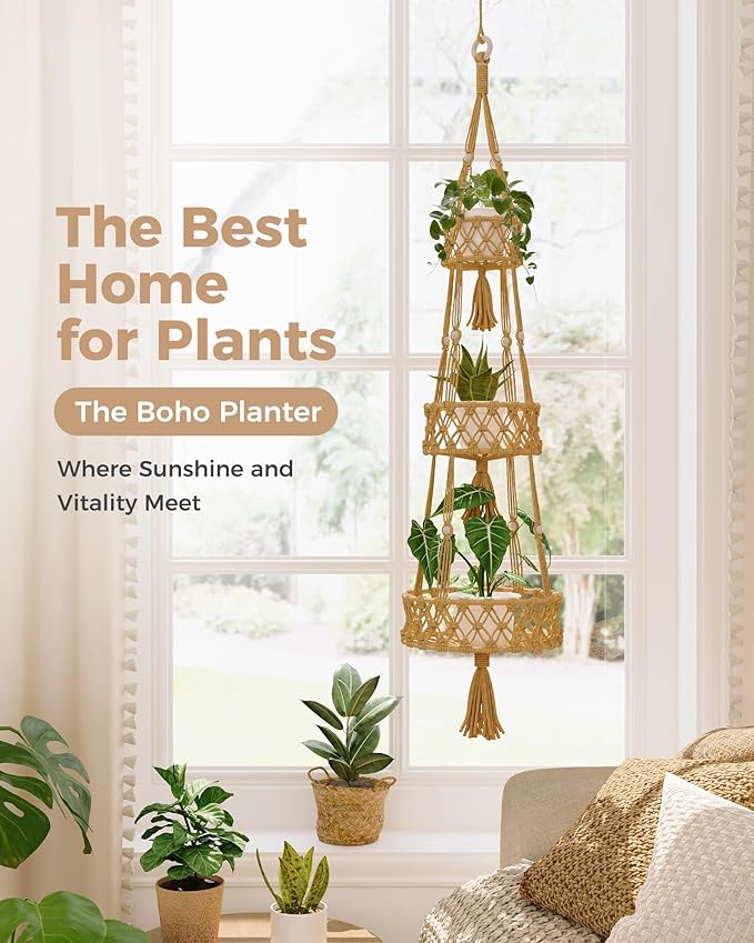 Leaf&lull Macramé Plant Hanger Indoor 3-Tier Hanging Planters for Indoor Outdoor Plants Boho Hanging Plant Holder Woven Plant Basket Decorative Haning Flower Pot Holder for Home Decor
