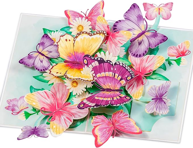 Butterfly Pop Up Card, Colorful Butterflies with Flowers, 3D Greeting Card, Gifts for Birthday, Mothers Day, Valentines Day, 5x7 - Includes Envelope And Message Note