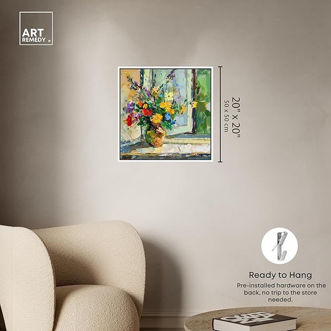 Art Remedy Vase By The Window Framed Impressionism 1 Piece Canvas Wall Art/Monet And Van Gogh Inspired Art, 21" x 21", White Frame