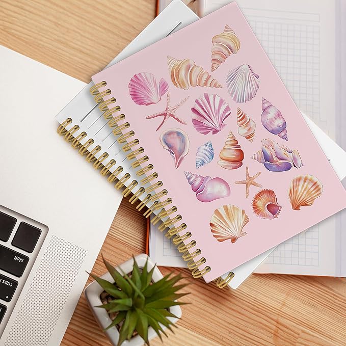 Preppy Beach Notebook, Pink Coastal Preppy Beach Seashell Aesthetic Journal Notebooks, Ocean Journal, Pink Office Supplies, Ocean Hardcover Spiral Notebook 5.5x8.3 Inch