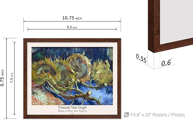 Monem Art Vintage Van Gogh Poster - Retro Blumen in Blauer Vase Anagoria Print - Sunflower Art - Impressionism Art - Fine Art - Classic Painting Art - Bedroom Wall Decor - 8x10 Brown Framed
