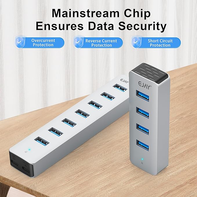 7 Ports USB Hub, Aluminum Multiport Desktop USB Adapter Powered USB Splitter for Laptop, Mobile Phones, PC, PS4 and Other USB Devices(3.3Ft Data Cable+3.3Ft Charging Cable)