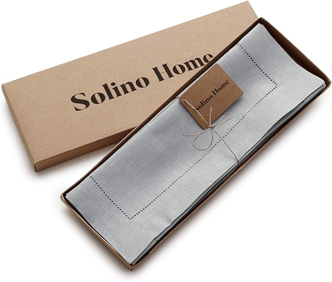 Solino Home Linen Cloth Placemats Set of 6-100% Pure Linen Hemstitch Soft Grey Placemats 14 x 19 Inch - Classic Hemstitch Table Place Mats for Winter, Spring, Easter