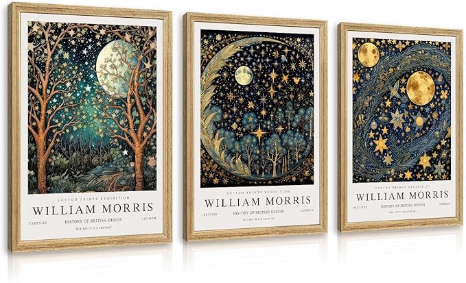 Hianan William Morris Canvas Wall Art, Vintage Gold Moon Stars Poster Prints, Many Dreamlike Stars Wall Decor, Retro Botanical Aesthetic Picture for Bedroom Living Room Office Wood Framed 12"x16"x3