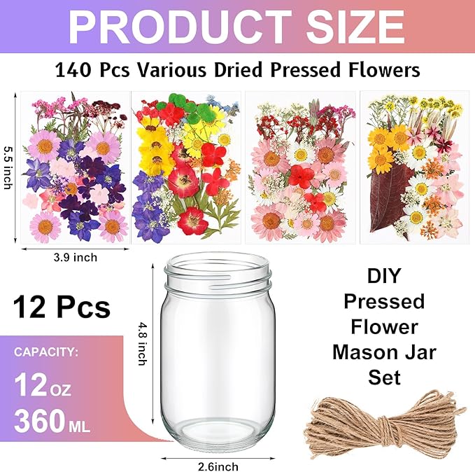 Tinideya 154 Pcs DIY Pressed Flowers Mason Jar Set Pressed Flower Lanterns 12 Mason Jar 140 Natural Real Dried Flower Centerpiece Making Favor for Christmas Wedding Candle Lantern Craft