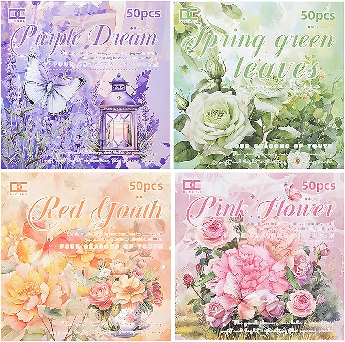 Snycler 4 Books Scrapbooking Supplies, Vintage Journaling - 100 Sheets PET & 100 Sheets Paper Stickers, DIY Craft Stickers for Junk Journals, Ephemera Sticker Book, Seasonal Themes, Pre-Cut Designs