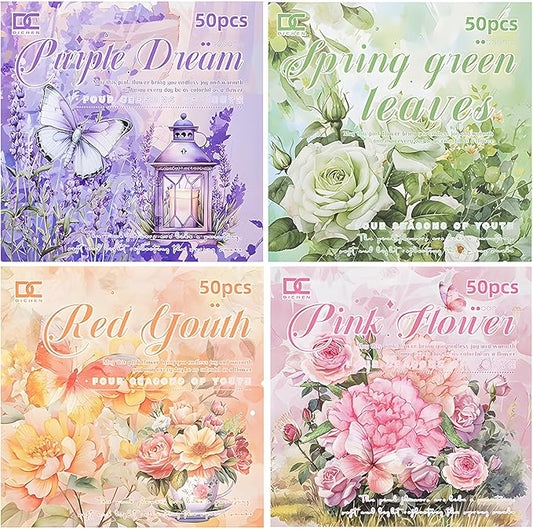 Snycler 4 Books Scrapbooking Supplies, Vintage Journaling - 100 Sheets PET & 100 Sheets Paper Stickers, DIY Craft Stickers for Junk Journals, Ephemera Sticker Book, Seasonal Themes, Pre-Cut Designs