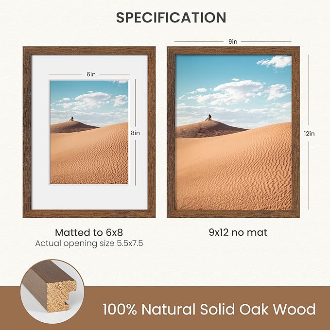 Dreamland Picture Frame 9x12, Solid Oak Wood Photo Frame with Mat for 6x8, 9 x 12 Matted Picture Frames with Resistant Plexiglass for Wall Art Photo and Prints, Walnut Color, Set of 3