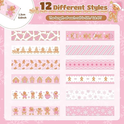Pink Gingerbread Washi Tape - 12 Rolls Easy Tear Christmas Holiday Themed Tapes with Gingerbread Man & Snowflake Designs for Journal Decor, Gift Wrapping, Scrapbook, DIY Crafts Party Supplies
