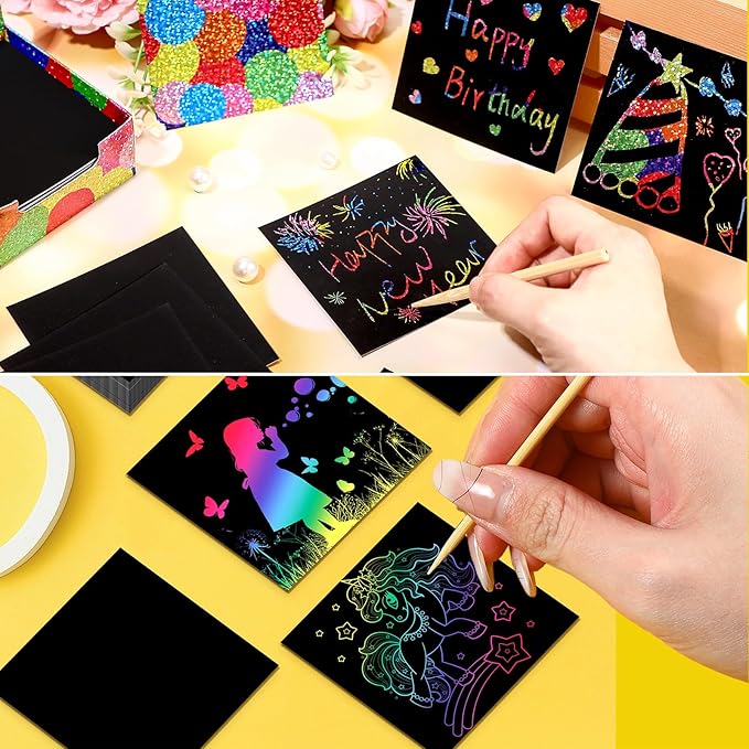 Lenwen 500 Pack Scratch Cards Rainbow Note Scratch Pads with 20 Bamboo Stylus for People Paper DIY Paper Craft Kits Birthday Party Favors Supplies(Rainbow Mix,500)