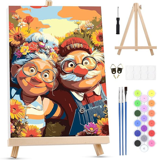 MXJSUA Elderly Couple Framed Paint by Numbers for Adults Beginners, Easy Adults' Paint-by-Number Kits on Canvas with Easel, Acrylic Number Painting Crafts Kits Gifts for Home Decor, 8x12inch