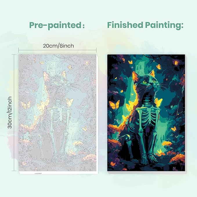 MXJSUA Cat Skeleton Framed Paint by Numbers for Adults Beginners, Easy Adults' Paint-by-Number Kits on Canvas with Easel, Animal Acrylic Number Painting Crafts Kits Gifts for Home Decor, 8x12inch