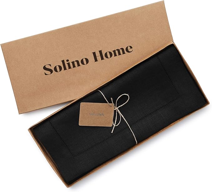 Solino Home Linen Black Table Runner 108 Inches Long - 100% Pure Linen 14 x 108 Inch Table Runner for Winter, Spring, Easter - Classic Hemstitch