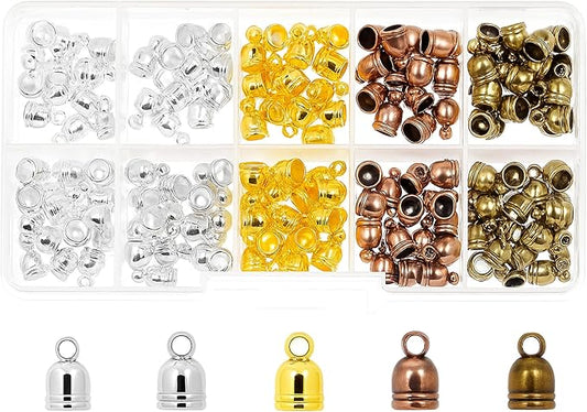 Mandala Crafts Assorted Leather Cord End Caps for Jewelry Making, Tassel Caps, 6mm 200 PCs Bell Cord Ends, Kumihimo Supplies and Jewelry Findings