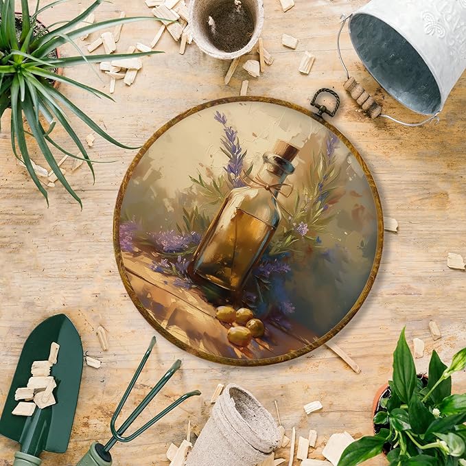 Hiuwevt Vintage Lavender Olive Kitchen Round Wall Art Decor, Country Moody Farmhouse Framed Canvas Prints, Rustic Cottagecore Round Wall Hanging Decor for Kitchen Dining Room Decorations, 10x10 Inches