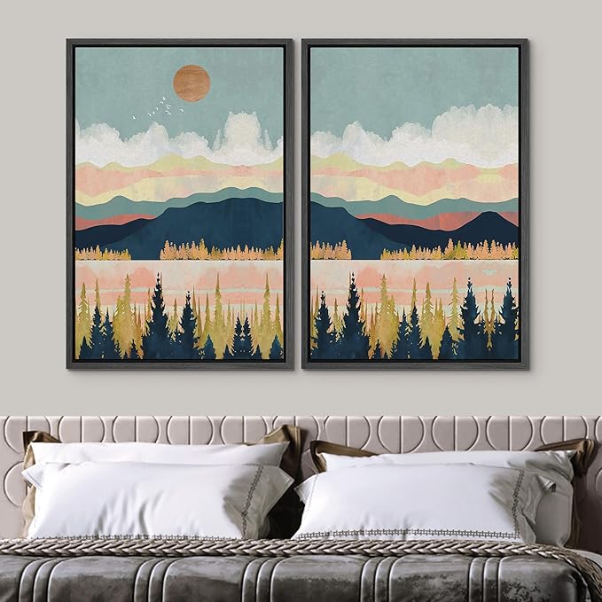 SIGNWIN Framed Canvas Print Wall Art Set Pastel Pink Blue Geometric Mountain Landscape Nature Wilderness Illustrations Modern Art Scenic Colorful for Living Room, Bedroom, Office - 16"x24"x2 Black