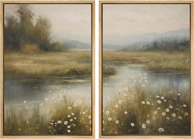 SIGNWIN Framed Canvas Print Wall Art Set Serene Marshland Landscape Rustic Illustration Modern Art Minimalism Decorative for Living Room, Bedroom, Office - 16"x24"x2 Natural