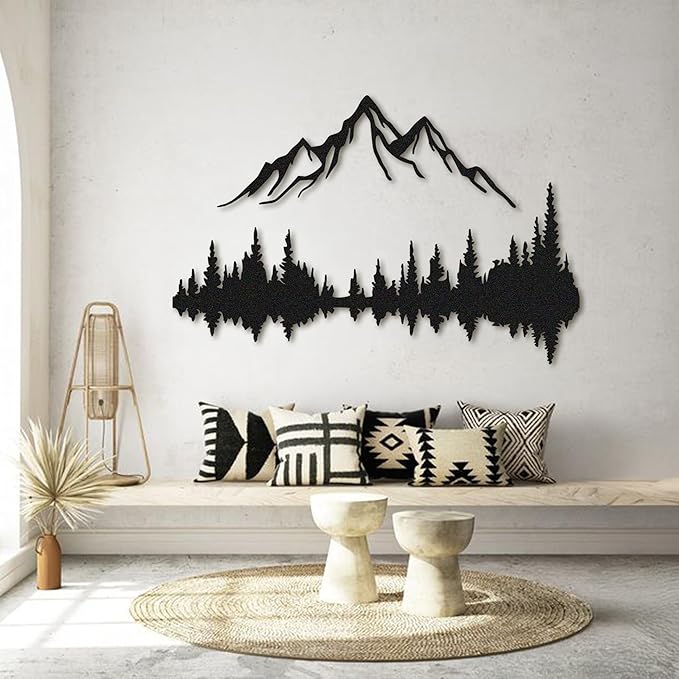 Metal Wall Art - Mountain & Forest Metal Wall Decor - Large Wall Sculpture for Rustic Home Living Room Bedroom Indoor/Outdoor (Black, 47.2'' x 31.4'')