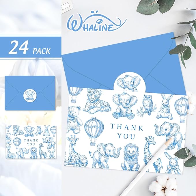 Whaline 24 Pack Baby Shower Thank You Card Cute Blue White Animal Greeting Cards with Envelopes Stickers Blank Note Cards for Gender Reveal Birthday Party Supplies